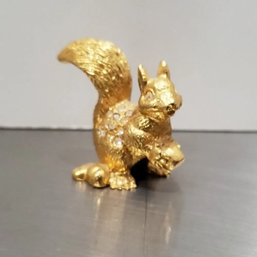 Gold Squirrel Holding Nut Rhinestone Figurine